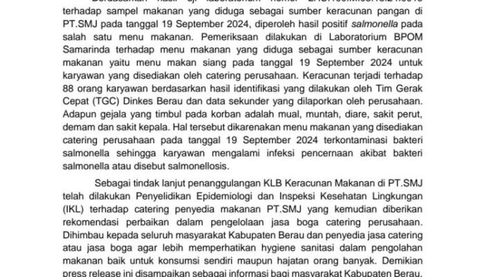 Hasil Lab Positif Bakteri SALMONELLA Pada Salah Satu Makanan Tragedi Keracunan Massal PT.SMJ