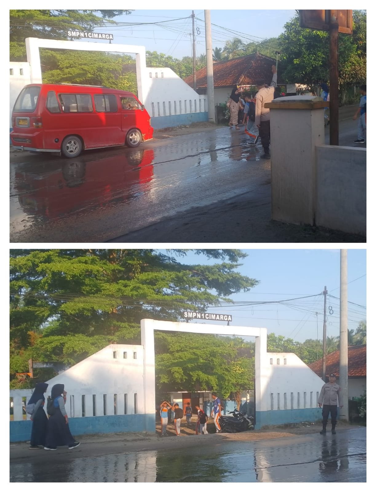 Pelayanan Prima, Anggota Polsek Cimarga Polres Lebak Menyebrangkan Siswa-Siswi SMPN 1 Cimarga