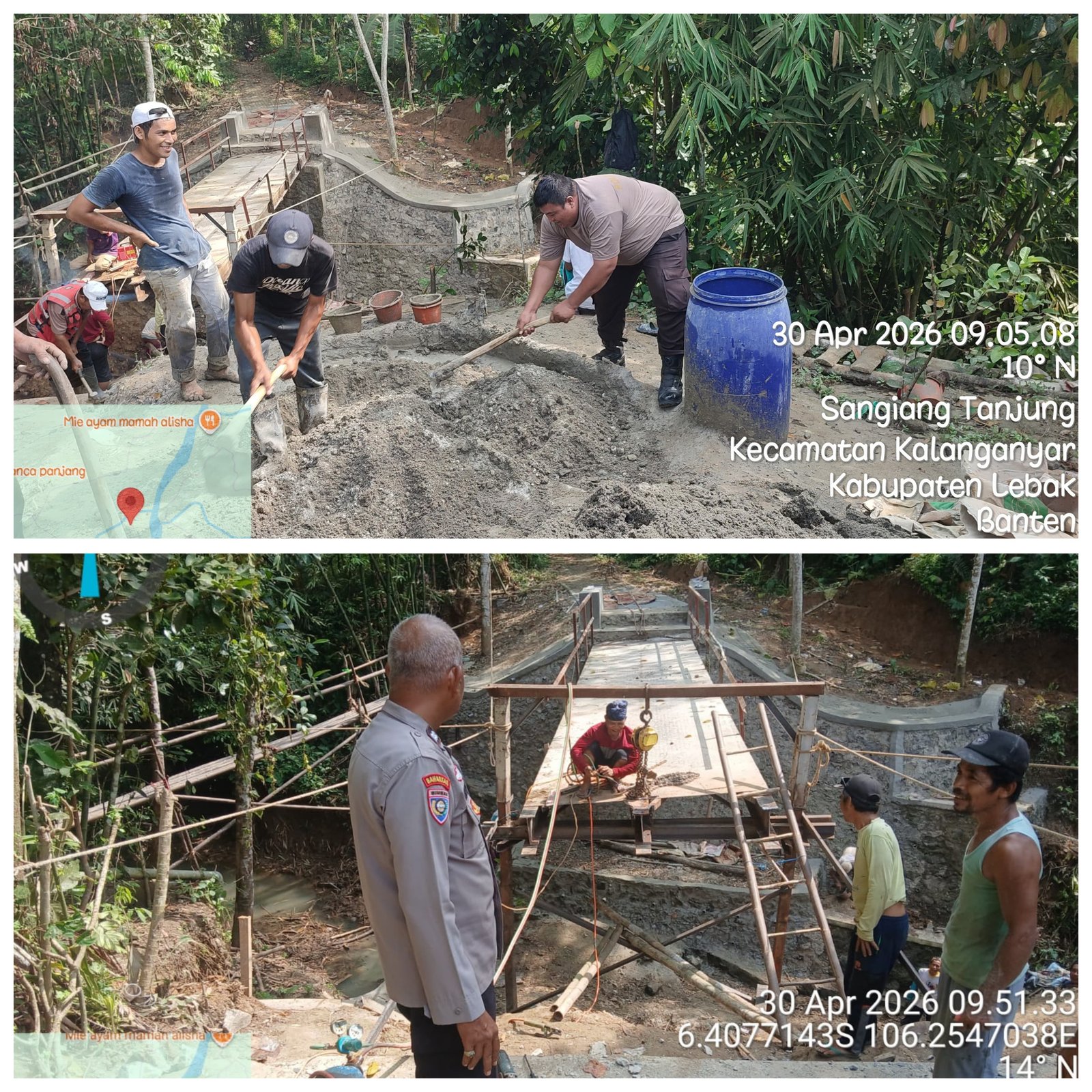 Di Hari Ke Delapan Belas,Polri dan Warga Desa Sangiang Tanjung Gotong Royong Bangun Jembatan Merah Putih Presisi
