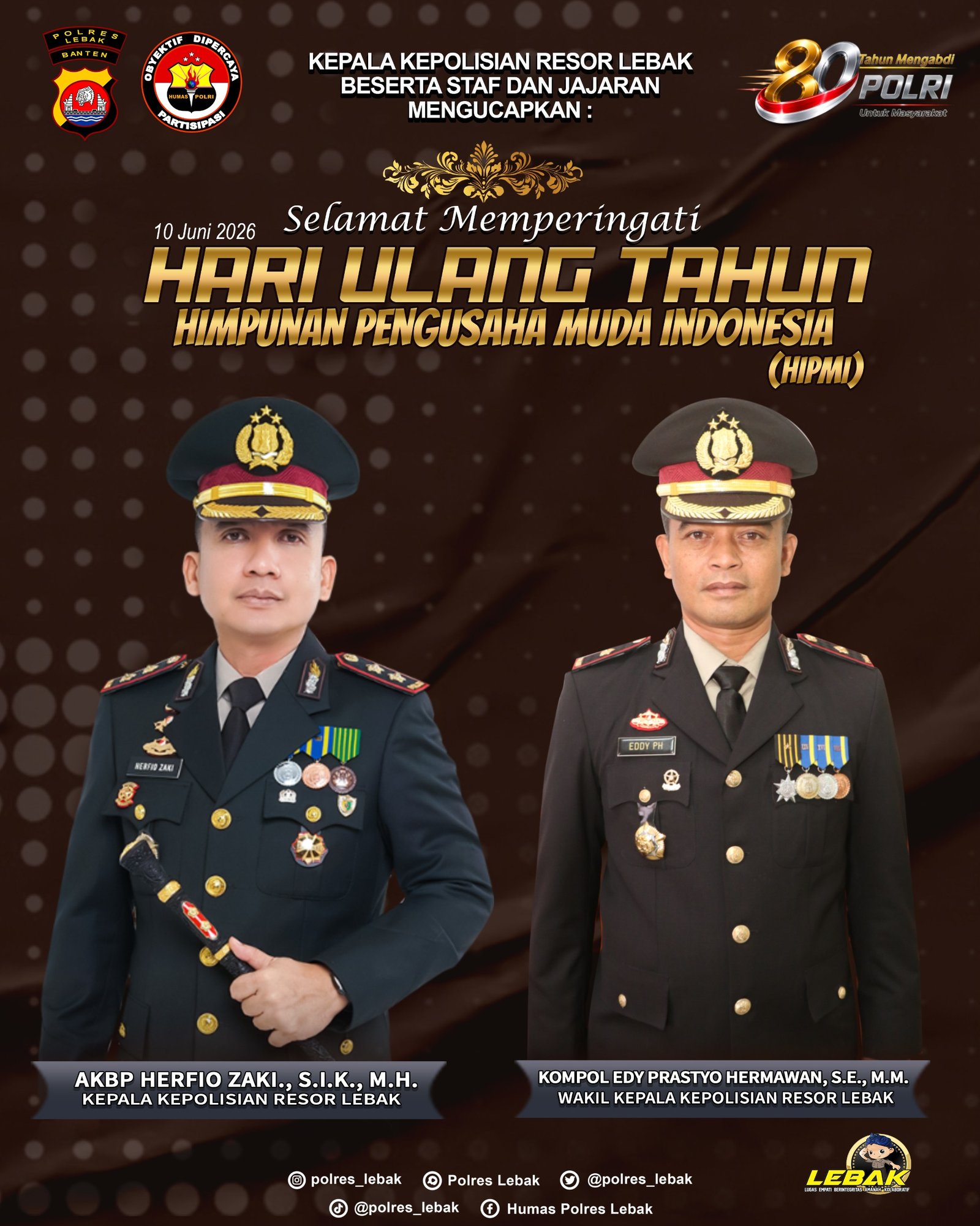 Kapolres Lebak Ucapkan Selamat HUT HIPMI 2026, Apresiasi Peran Pengusaha Muda